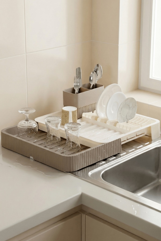 Krem Uzayabilir Sürgülü Bulaşık Sepeti, Lavabo/Tezgah Üstü Açılır Kapanır Bulaşıklık Kurutma Sepeti - 9