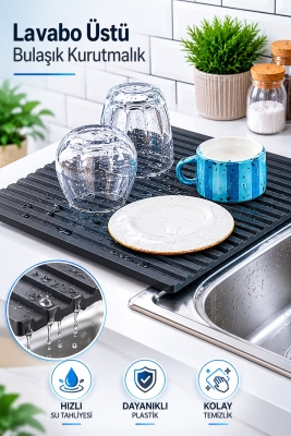 Plastik Pratik Lavabo Tezgah Üstü Bulaşık Kurutmalığı Siyah 35 x 45 S-10145 - Fevito