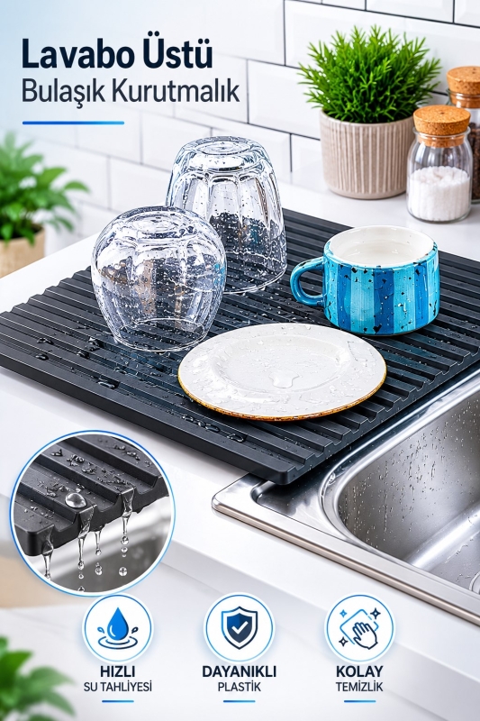 Plastik Pratik Lavabo Tezgah Üstü Bulaşık Kurutmalığı Siyah 35 x 45 S-10145 - 1