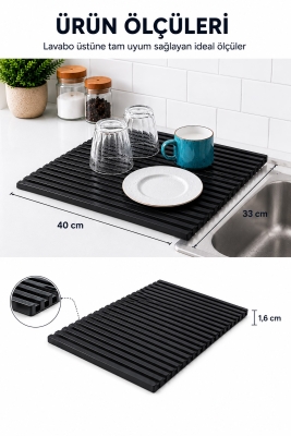 Plastik Pratik Lavabo Tezgah Üstü Bulaşık Kurutmalığı Siyah 35 x 45 S-10145 - 2