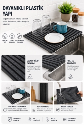 Plastik Pratik Lavabo Tezgah Üstü Bulaşık Kurutmalığı Siyah 35 x 45 S-10145 - 3