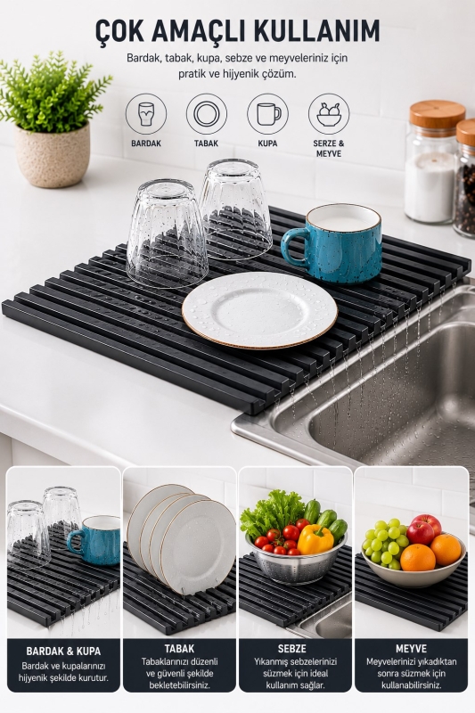 Plastik Pratik Lavabo Tezgah Üstü Bulaşık Kurutmalığı Siyah 35 x 45 S-10145 - 5