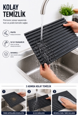 Plastik Pratik Lavabo Tezgah Üstü Bulaşık Kurutmalığı Siyah 35 x 45 S-10145 - 7