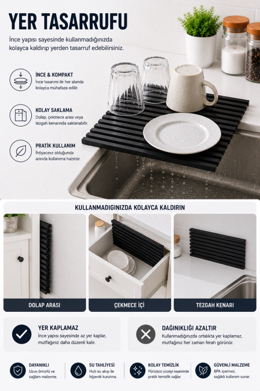 Plastik Pratik Lavabo Tezgah Üstü Bulaşık Kurutmalığı Siyah 35 x 45 S-10145 - 8