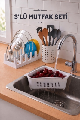 Pratik Tezgah Üstü Mutfak Düzenleyici 3'lü Set Tava Kapak Düzenleyici Kaşıklık ve Evye Süzgeci - Fevito