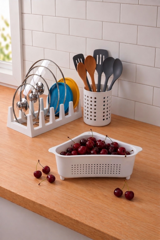 Pratik Tezgah Üstü Mutfak Düzenleyici 3'lü Set Tava Kapak Düzenleyici Kaşıklık ve Evye Süzgeci - 8