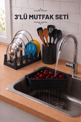 Pratik Tezgah Üstü Mutfak Düzenleyici 3'lü Set Tava Kapak Düzenleyici Kaşıklık ve Evye Süzgeci - Fevito
