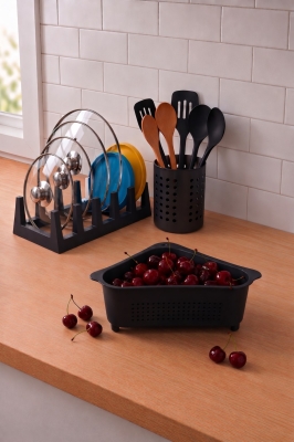 Pratik Tezgah Üstü Mutfak Düzenleyici 3'lü Set Tava Kapak Düzenleyici Kaşıklık ve Evye Süzgeci - 8