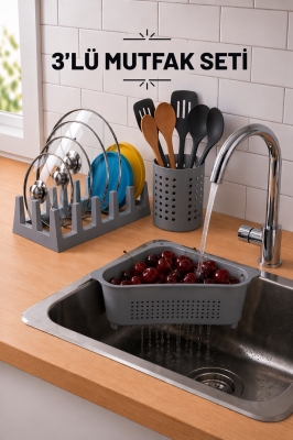 Pratik Tezgah Üstü Mutfak Düzenleyici 3'lü Set Tava Kapak Düzenleyici Kaşıklık ve Evye Süzgeci - Fevito