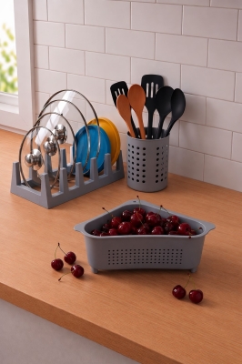 Pratik Tezgah Üstü Mutfak Düzenleyici 3'lü Set Tava Kapak Düzenleyici Kaşıklık ve Evye Süzgeci - 8