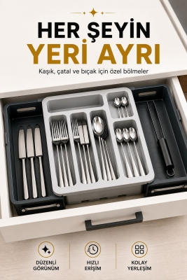 Sürgülü Ayarlanabilir Kaşıklık Organizer | Çekmece İçi Düzenleyici S-10555 - 4