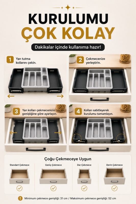 Sürgülü Ayarlanabilir Kaşıklık Organizer | Çekmece İçi Düzenleyici S-10555 - 7