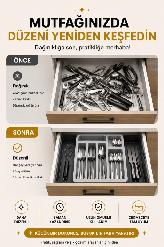 Sürgülü Ayarlanabilir Kaşıklık Organizer | Çekmece İçi Düzenleyici S-10555 - 8