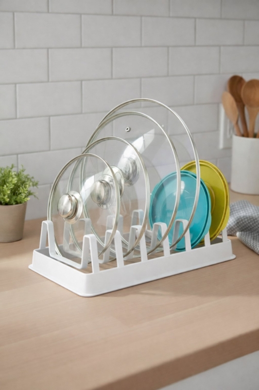 Tava Tencere Kapak Düzenleyici Tezgah Üstü Organizer Beyaz S-166 - 4