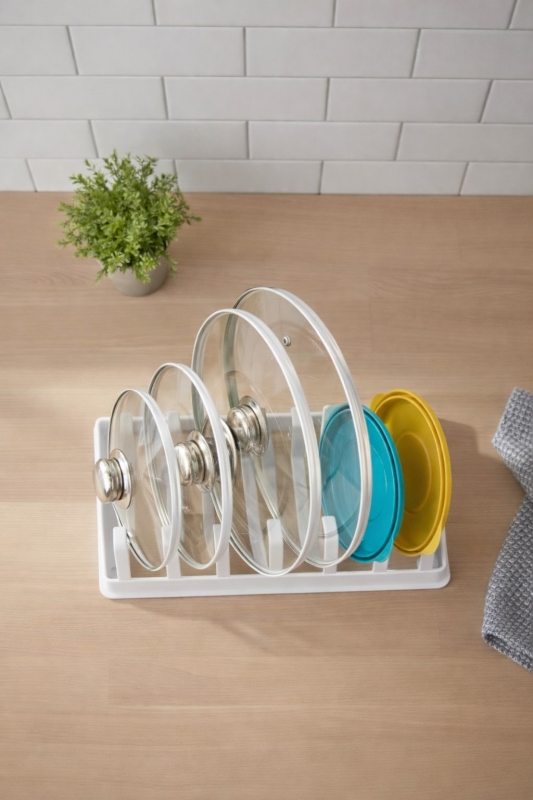 Tava Tencere Kapak Düzenleyici Tezgah Üstü Organizer Beyaz S-166 - 5