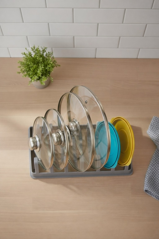 Tava Tencere Kapak Düzenleyici Tezgah Üstü Organizer Gri S-166 - 5