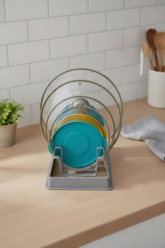 Tava Tencere Kapak Düzenleyici Tezgah Üstü Organizer Gri S-166 - 6