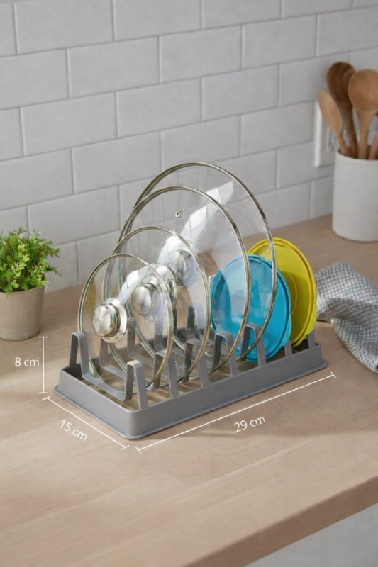 Tava Tencere Kapak Düzenleyici Tezgah Üstü Organizer Gri S-166 - 8