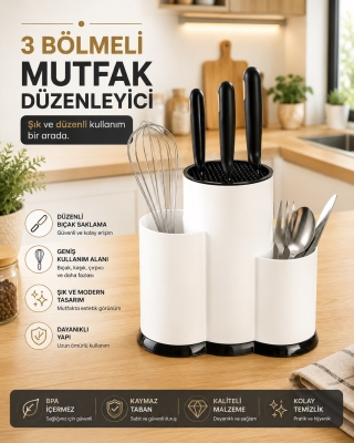 Tezgah Üstü Bölmeli Bıçaklık Kaşık Kepçe Bıçak Mutfak Düzenleyici Organizer Kaşıklık Beyaz S-10137 - Fevito