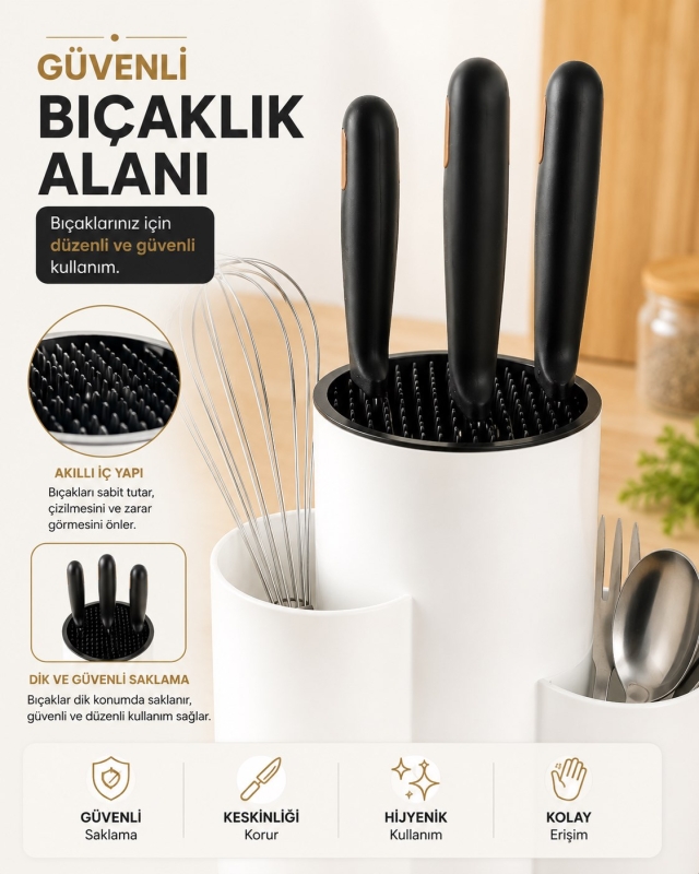 Tezgah Üstü Bölmeli Bıçaklık Kaşık Kepçe Bıçak Mutfak Düzenleyici Organizer Kaşıklık Beyaz S-10137 - 2