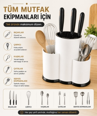 Tezgah Üstü Bölmeli Bıçaklık Kaşık Kepçe Bıçak Mutfak Düzenleyici Organizer Kaşıklık Beyaz S-10137 - 3