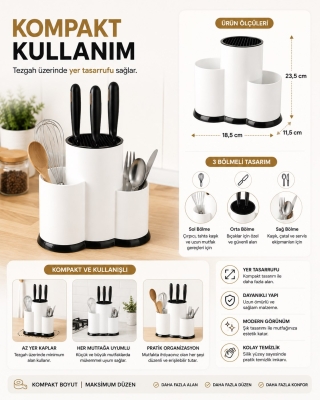 Tezgah Üstü Bölmeli Bıçaklık Kaşık Kepçe Bıçak Mutfak Düzenleyici Organizer Kaşıklık Beyaz S-10137 - 4