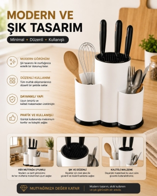 Tezgah Üstü Bölmeli Bıçaklık Kaşık Kepçe Bıçak Mutfak Düzenleyici Organizer Kaşıklık Beyaz S-10137 - 5