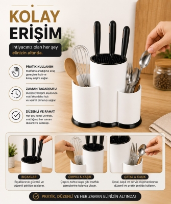 Tezgah Üstü Bölmeli Bıçaklık Kaşık Kepçe Bıçak Mutfak Düzenleyici Organizer Kaşıklık Beyaz S-10137 - 6
