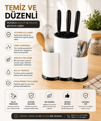 Tezgah Üstü Bölmeli Bıçaklık Kaşık Kepçe Bıçak Mutfak Düzenleyici Organizer Kaşıklık Beyaz S-10137 - 7