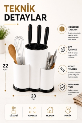 Tezgah Üstü Bölmeli Bıçaklık Kaşık Kepçe Bıçak Mutfak Düzenleyici Organizer Kaşıklık Beyaz S-10137 - 8