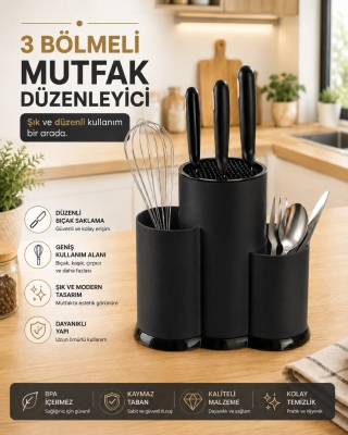 Tezgah Üstü Bölmeli Bıçaklık Kaşık Kepçe BıçakMutfak Düzenleyici Organizer Kaşıklık Siyah S-10137 - Fevito
