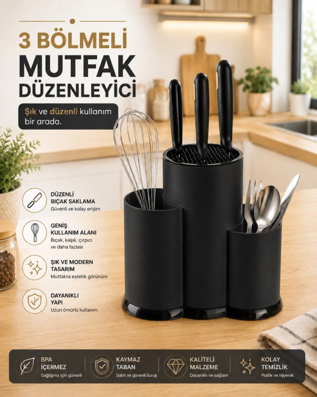 Tezgah Üstü Bölmeli Bıçaklık Kaşık Kepçe BıçakMutfak Düzenleyici Organizer Kaşıklık Siyah S-10137 - 1