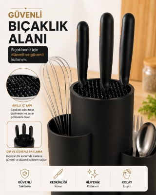 Tezgah Üstü Bölmeli Bıçaklık Kaşık Kepçe BıçakMutfak Düzenleyici Organizer Kaşıklık Siyah S-10137 - 2