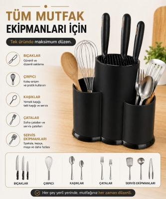 Tezgah Üstü Bölmeli Bıçaklık Kaşık Kepçe BıçakMutfak Düzenleyici Organizer Kaşıklık Siyah S-10137 - 3