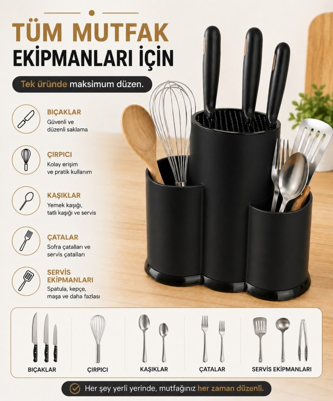 Tezgah Üstü Bölmeli Bıçaklık Kaşık Kepçe BıçakMutfak Düzenleyici Organizer Kaşıklık Siyah S-10137 - 3