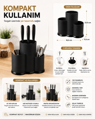 Tezgah Üstü Bölmeli Bıçaklık Kaşık Kepçe BıçakMutfak Düzenleyici Organizer Kaşıklık Siyah S-10137 - 4