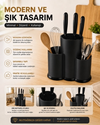 Tezgah Üstü Bölmeli Bıçaklık Kaşık Kepçe BıçakMutfak Düzenleyici Organizer Kaşıklık Siyah S-10137 - 5