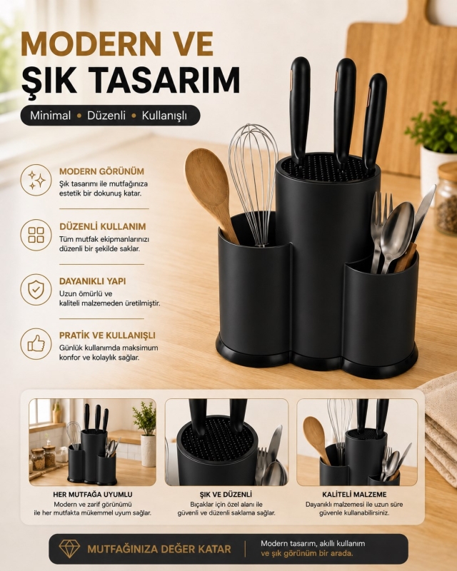 Tezgah Üstü Bölmeli Bıçaklık Kaşık Kepçe BıçakMutfak Düzenleyici Organizer Kaşıklık Siyah S-10137 - 5
