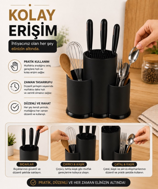 Tezgah Üstü Bölmeli Bıçaklık Kaşık Kepçe BıçakMutfak Düzenleyici Organizer Kaşıklık Siyah S-10137 - 6