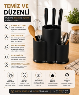Tezgah Üstü Bölmeli Bıçaklık Kaşık Kepçe BıçakMutfak Düzenleyici Organizer Kaşıklık Siyah S-10137 - 7
