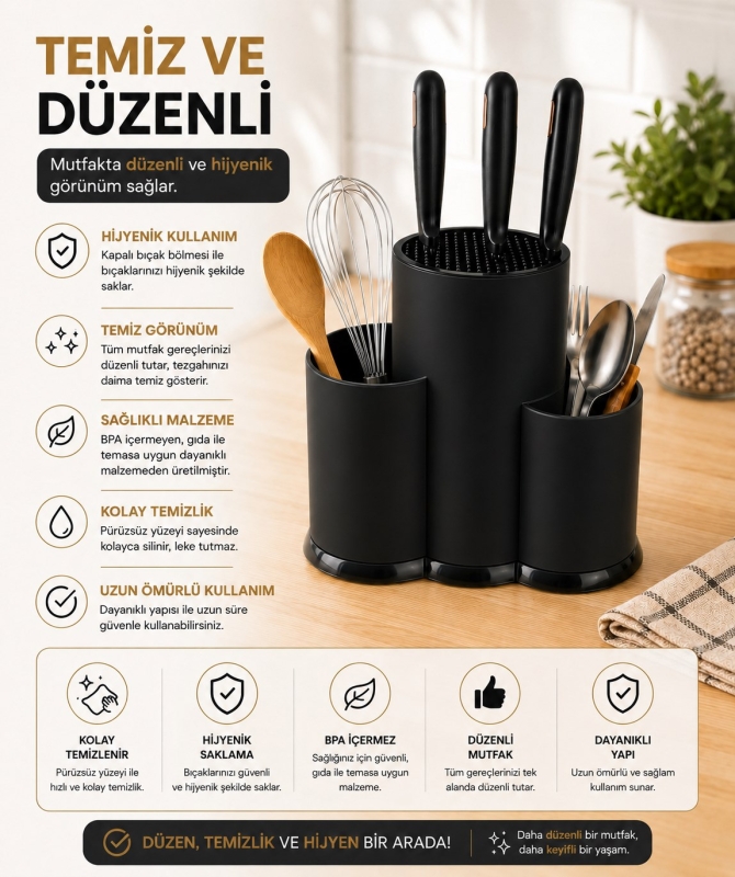 Tezgah Üstü Bölmeli Bıçaklık Kaşık Kepçe BıçakMutfak Düzenleyici Organizer Kaşıklık Siyah S-10137 - 7