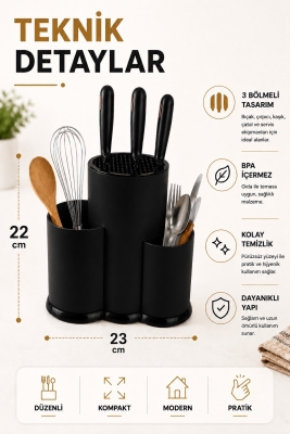 Tezgah Üstü Bölmeli Bıçaklık Kaşık Kepçe BıçakMutfak Düzenleyici Organizer Kaşıklık Siyah S-10137 - 8