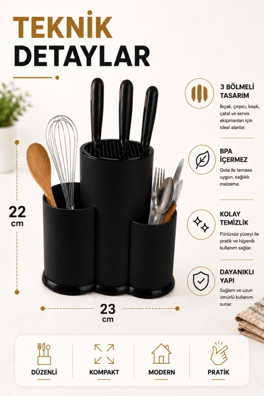 Tezgah Üstü Bölmeli Bıçaklık Kaşık Kepçe BıçakMutfak Düzenleyici Organizer Kaşıklık Siyah S-10137 - 8
