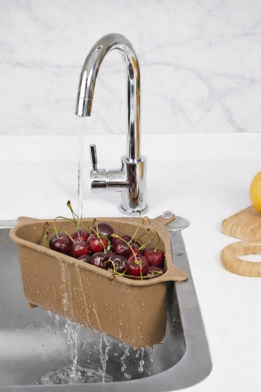 Vantuzlu Üçgen Lavabo Süzgeci Mutfak Evye Köşe Süzgeci Bej - 1
