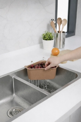 Vantuzlu Üçgen Lavabo Süzgeci Mutfak Evye Köşe Süzgeci Bej - 7