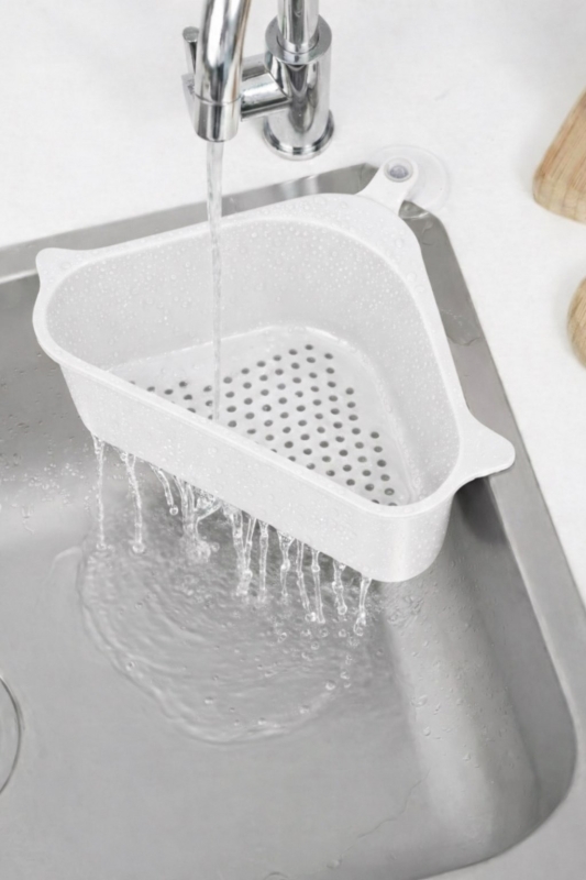 Vantuzlu Üçgen Lavabo Süzgeci Mutfak Evye Köşe Süzgeci Beyaz - 3