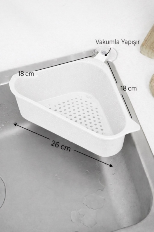 Vantuzlu Üçgen Lavabo Süzgeci Mutfak Evye Köşe Süzgeci Beyaz - 8