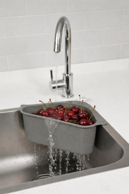 Vantuzlu Üçgen Lavabo Süzgeci Mutfak Evye Köşe Süzgeci Gri - 5