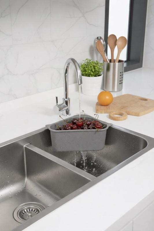 Vantuzlu Üçgen Lavabo Süzgeci Mutfak Evye Köşe Süzgeci Gri - 6