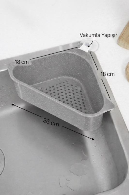 Vantuzlu Üçgen Lavabo Süzgeci Mutfak Evye Köşe Süzgeci Gri - 8